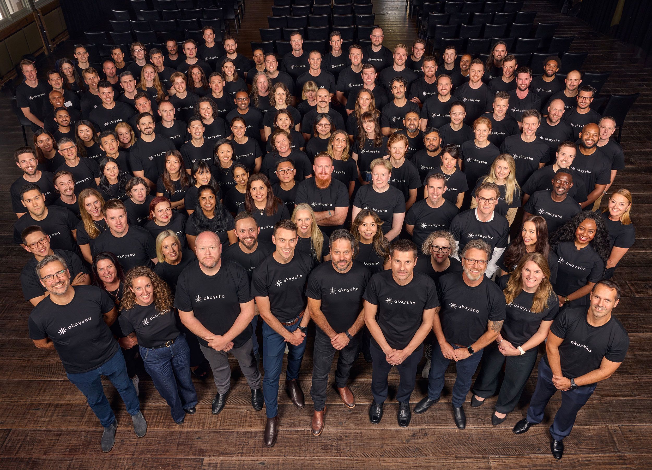 A wide view of the entire Akaysha team wearing dark blue jeans and black Akaysha t-shirts looking at the camera inside an office